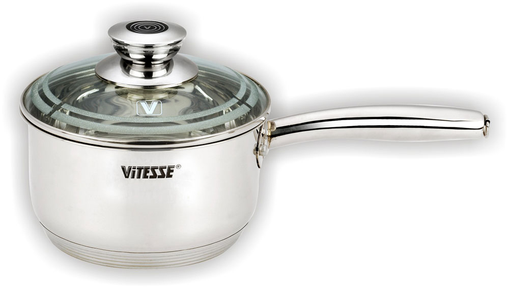 Ковш с крышкой Vitesse Ковш с крышкой VitesseКастрюли, ковши<br>Тип: ковш,<br>Материал: нержавеющая сталь,<br>Объем: 1.8,<br>Диаметр: 160,<br>Толщина стенок: 0.6,<br>Толщина дна: 8,<br>Покрытие чаши: антикоррозийное,<br>Наличие крышки: есть,<br>Для индукционных плит: есть<br>