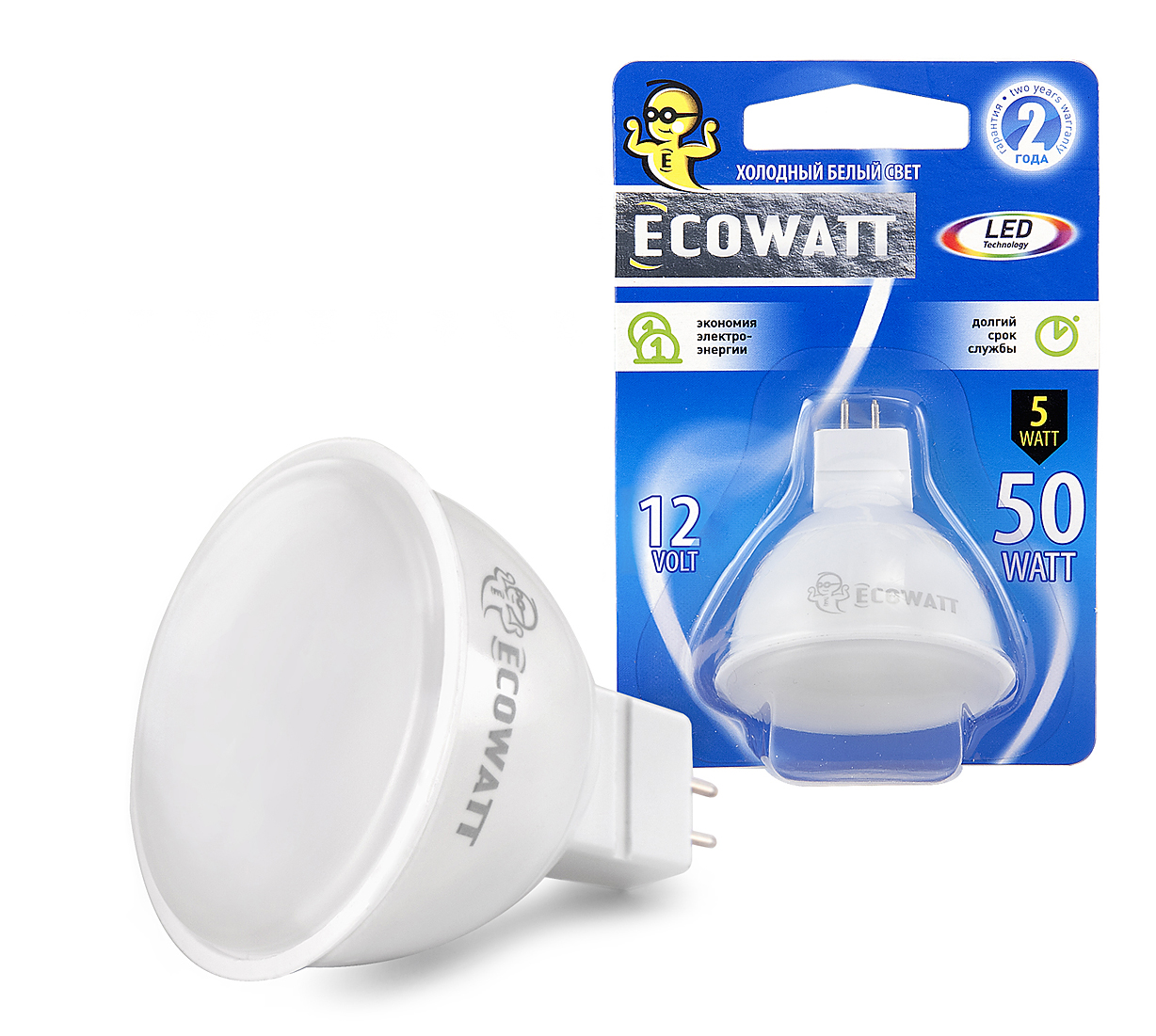 Лампа светодиодная Ecowatt Лампа светодиодная EcowattЛампы<br>Тип лампы: светодиодная,<br>Форма лампы: рефлекторная,<br>Цвет колбы: белая,<br>Тип цоколя: GU5.3,<br>Напряжение: 220,<br>Мощность: 5,<br>Цветовая температура: 4200,<br>Цвет свечения: нейтральный,<br>Вес нетто: 0.1<br>