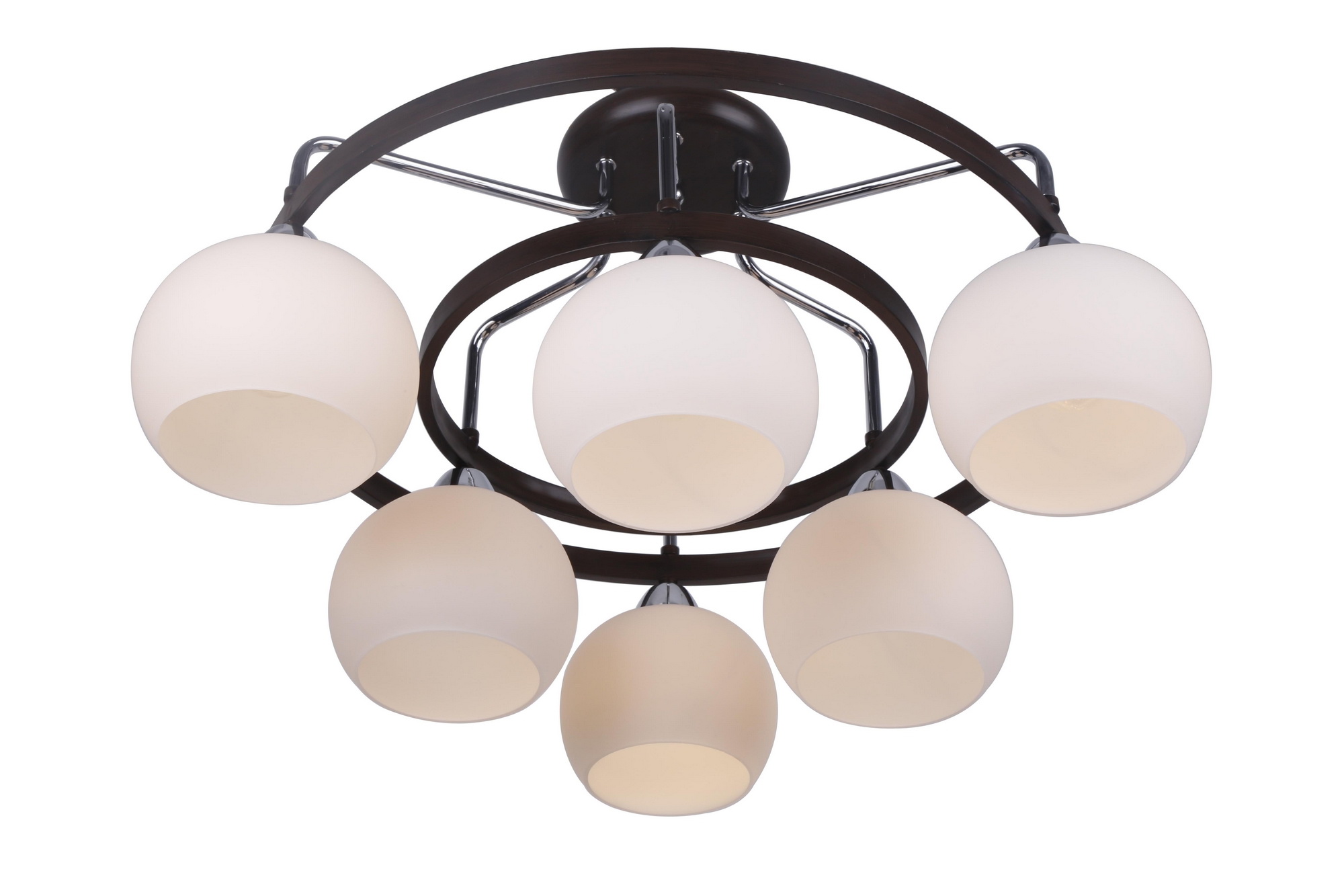 Люстра Arte lamp Люстра Arte lampЛюстры<br>Назначение светильника: для комнаты, Стиль светильника: модерн, Тип: потолочная, Материал светильника: металл, стекло, Материал плафона: стекло, Материал арматуры: металл, Длина (мм): 640, Ширина: 640, Высота: 340, Количество ламп: 6, Тип лампы: накаливания, Мощность: 40, Патрон: Е14, Цвет арматуры: дерево, Родина бренда: Италия, Коллекция: empoli 7148<br>