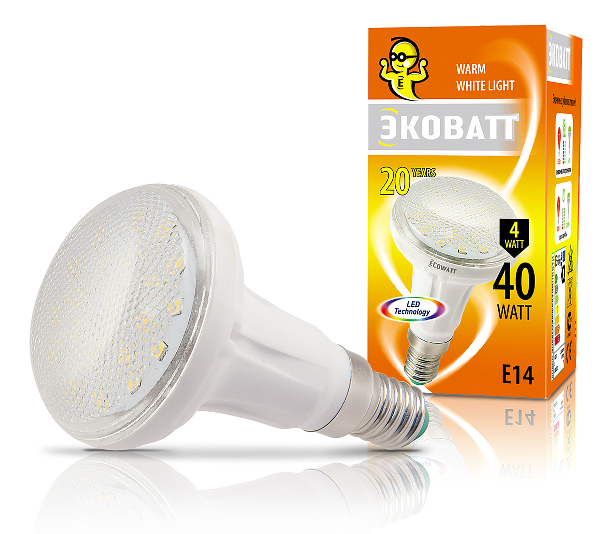Лампа светодиодная Ecowatt Лампа светодиодная EcowattЛампы<br>Тип лампы: светодиодная,<br>Форма лампы: рефлекторная,<br>Цвет колбы: белая,<br>Тип цоколя: Е14,<br>Напряжение: 220,<br>Мощность: 4,<br>Цветовая температура: 2700,<br>Цвет свечения: теплый<br>